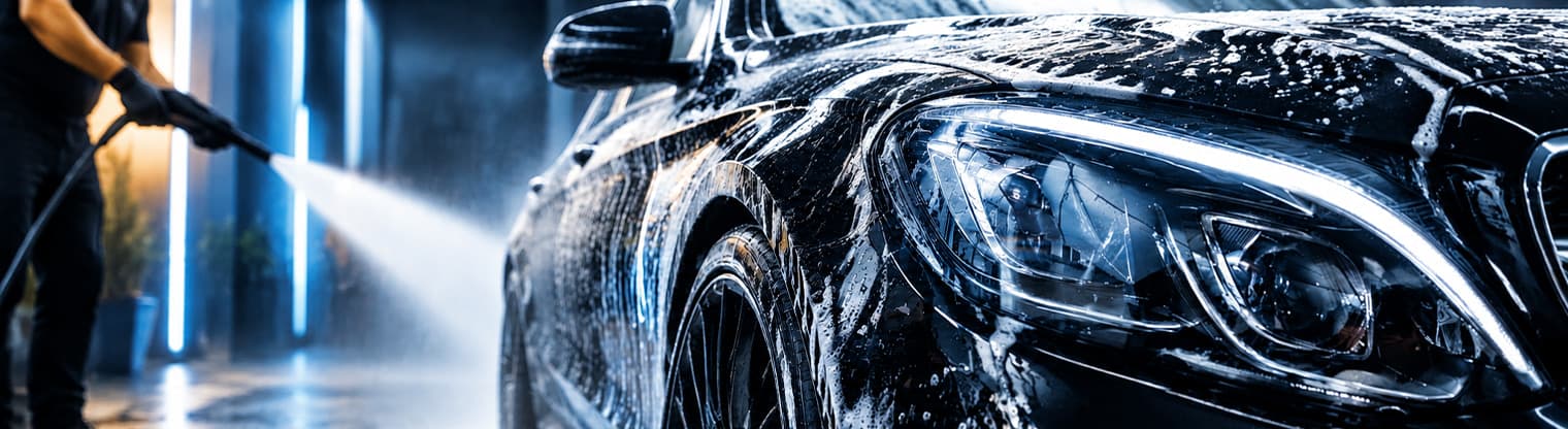 Foam-covered car being hand washed with a pressure sprayer