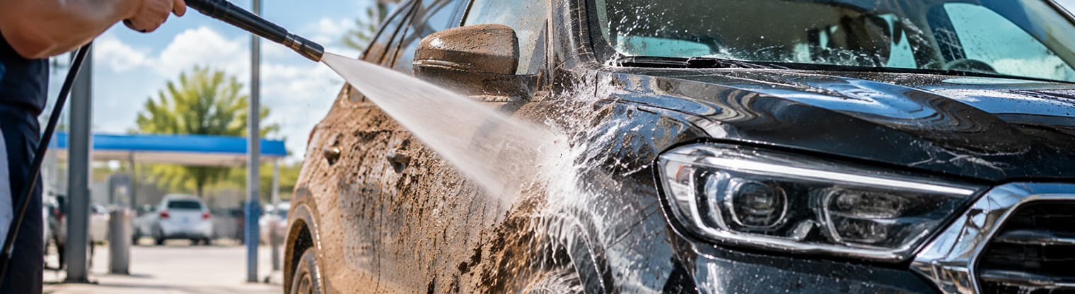 Muddy SUV being pressure-washed clean