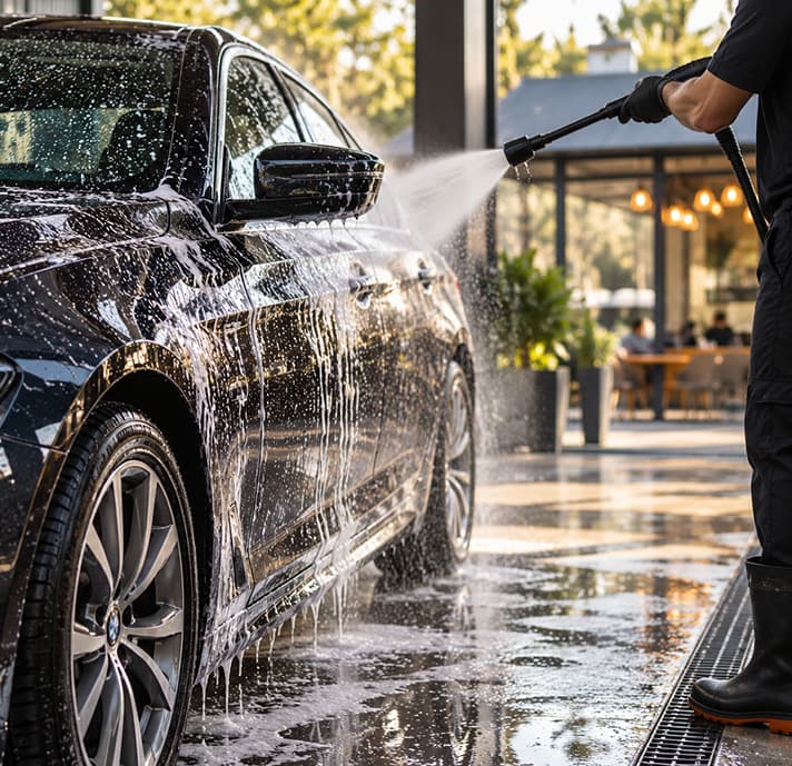 Detailer pressure-washing a car outside the Bubbles cafe