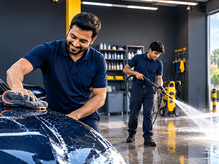 Bubbles staff hand-washing and rinsing a car in the bay